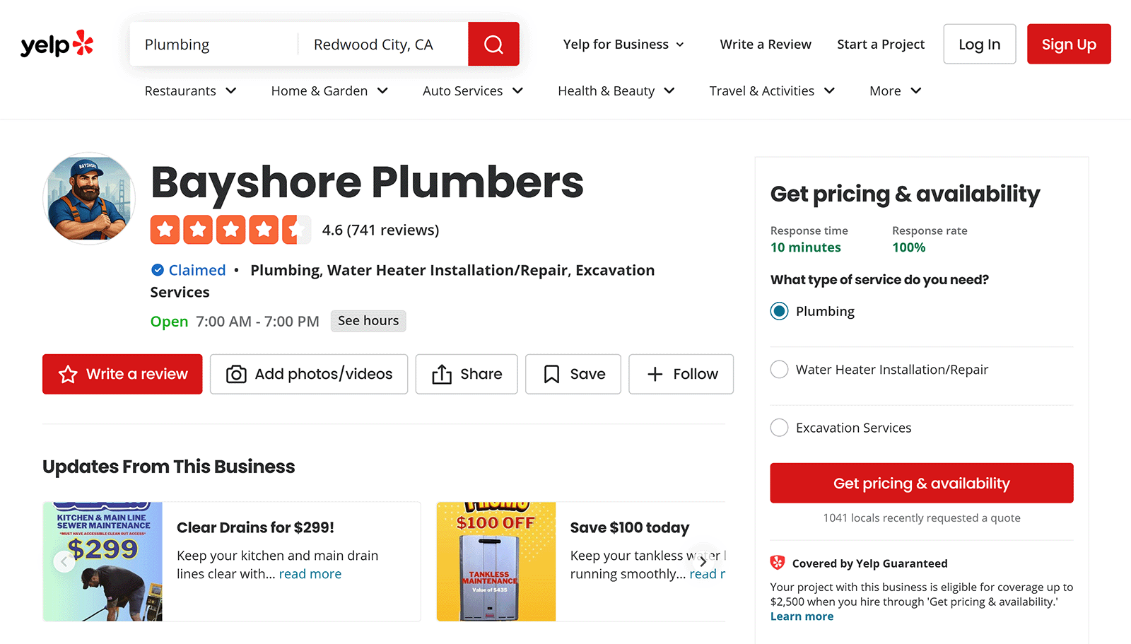 Yelp page showing Bayshore Plumbers&rsquo; rating, services, and business information