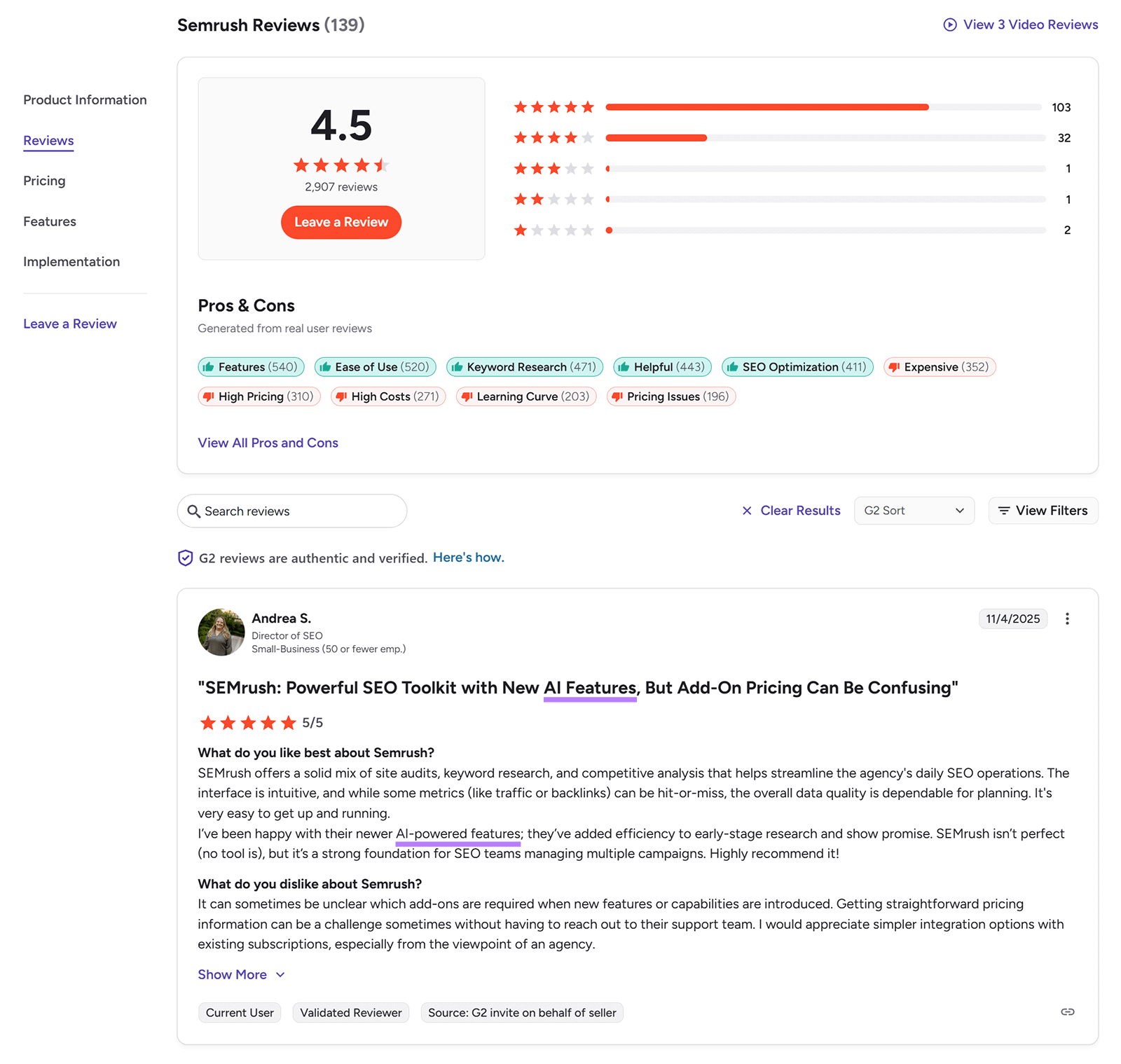 G2 review page showing Semrush&rsquo;s star rating, pros and cons tags, and a highlighted user review.