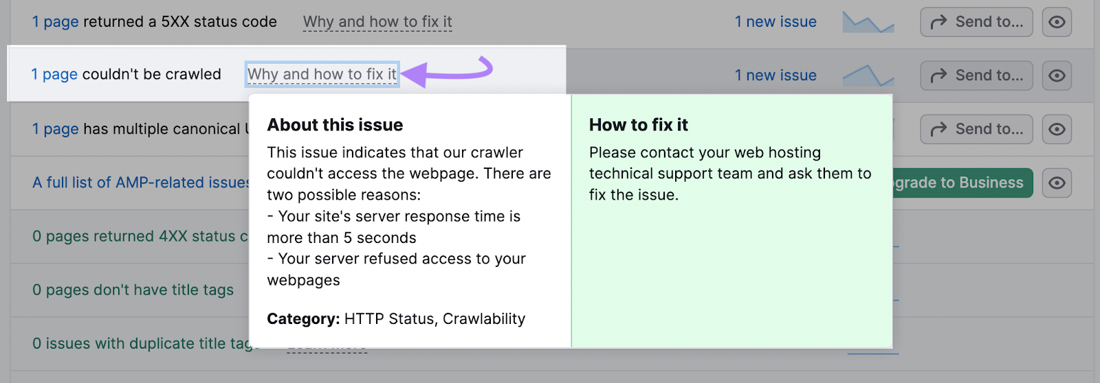 An example of &ldquo;Why and how to fix it&rdquo; section in Site Audit