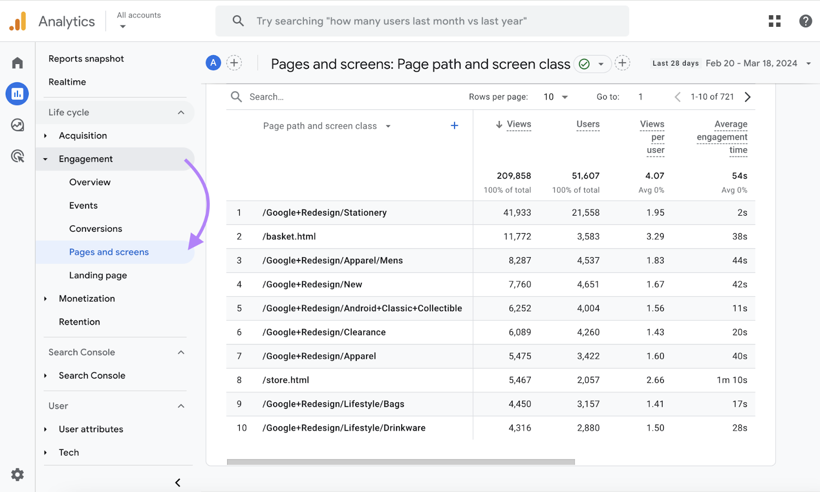 Navigating to &ldquo;Reports&rdquo; > &ldquo;Engagement&rdquo; > &ldquo;Page and screens" in GA4
