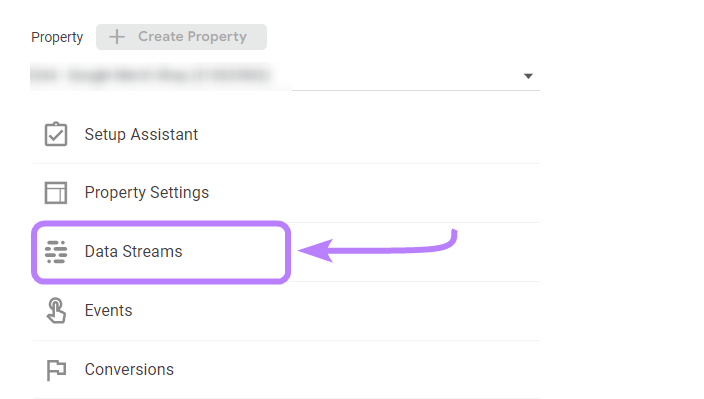 &ldquo;Data Streams&rdquo; selected under the "Admin" section in GA4