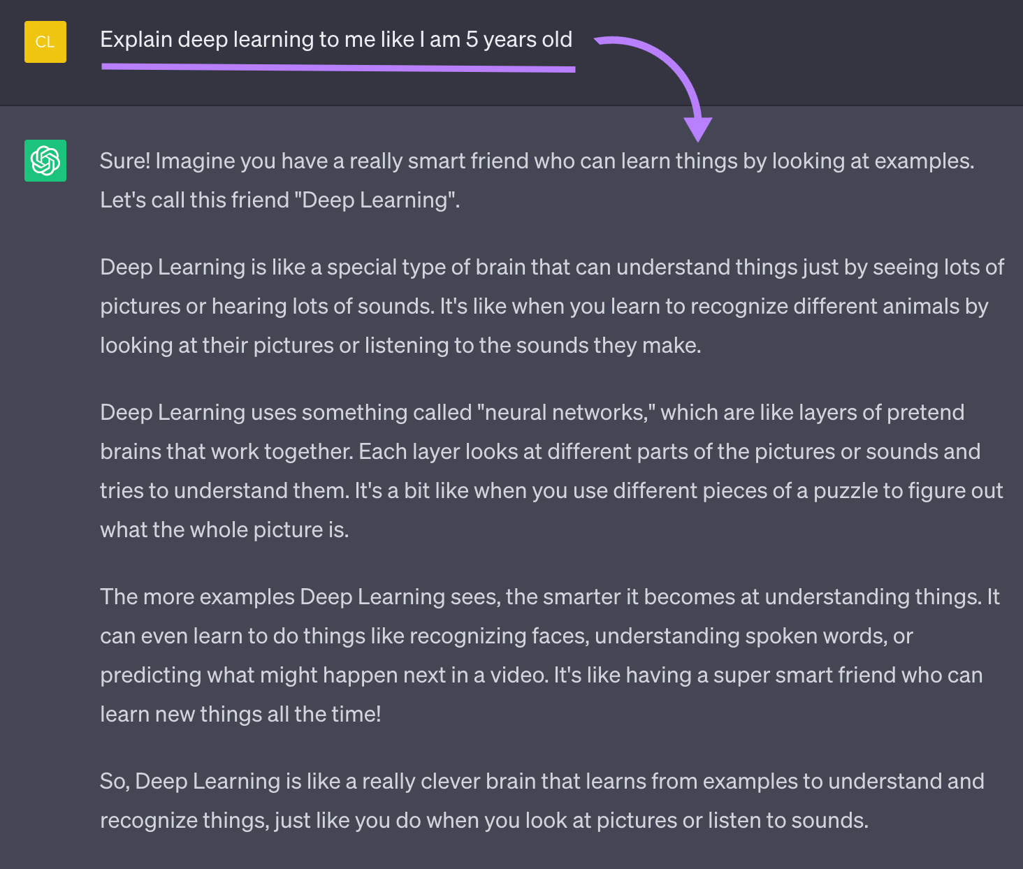 ChatGPT's response to &ldquo;Explain deep learning to me like I am 5 years old&rdquo; prompt