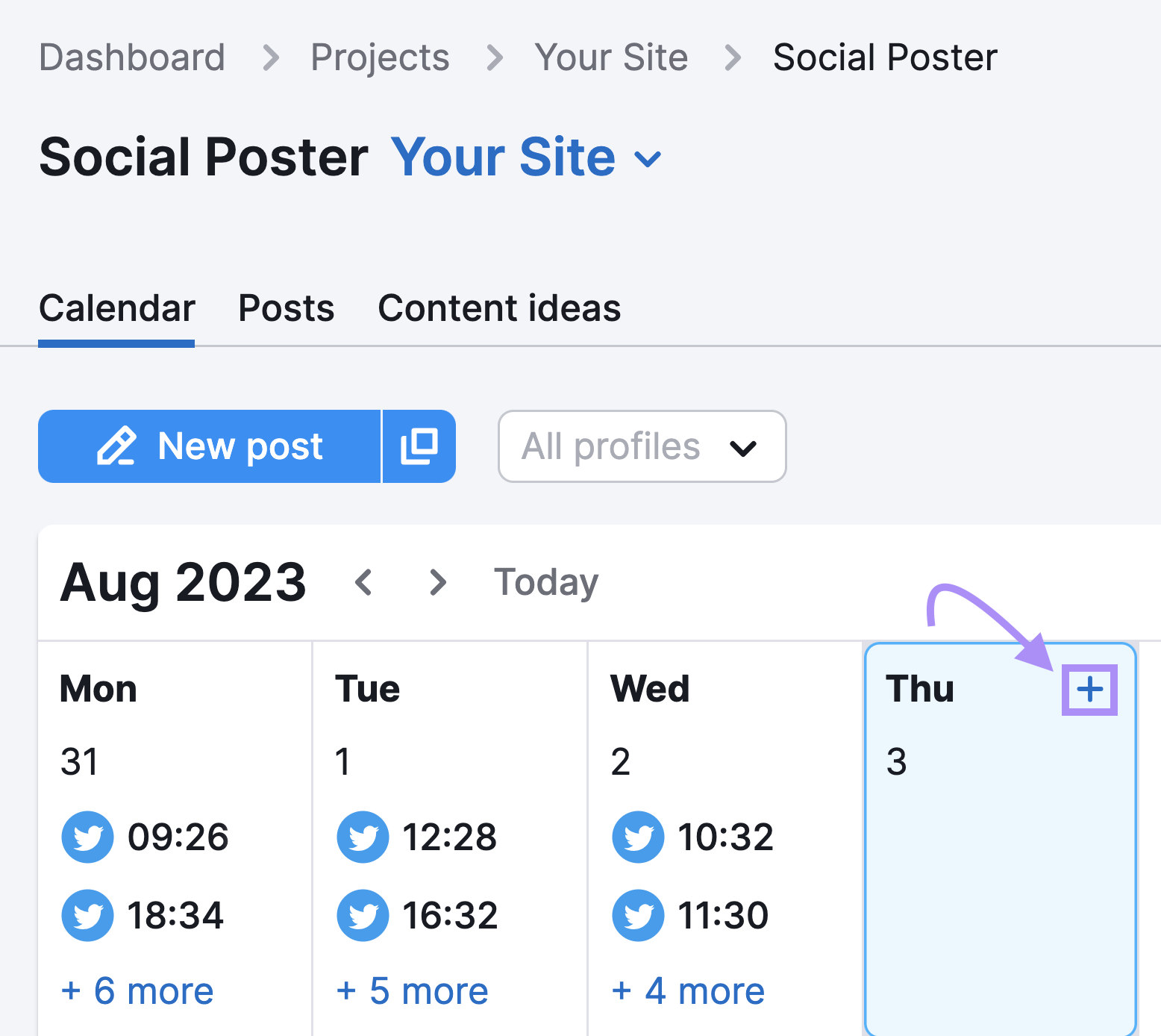 &ldquo;Calendar&rdquo; tab in Social Poster tool