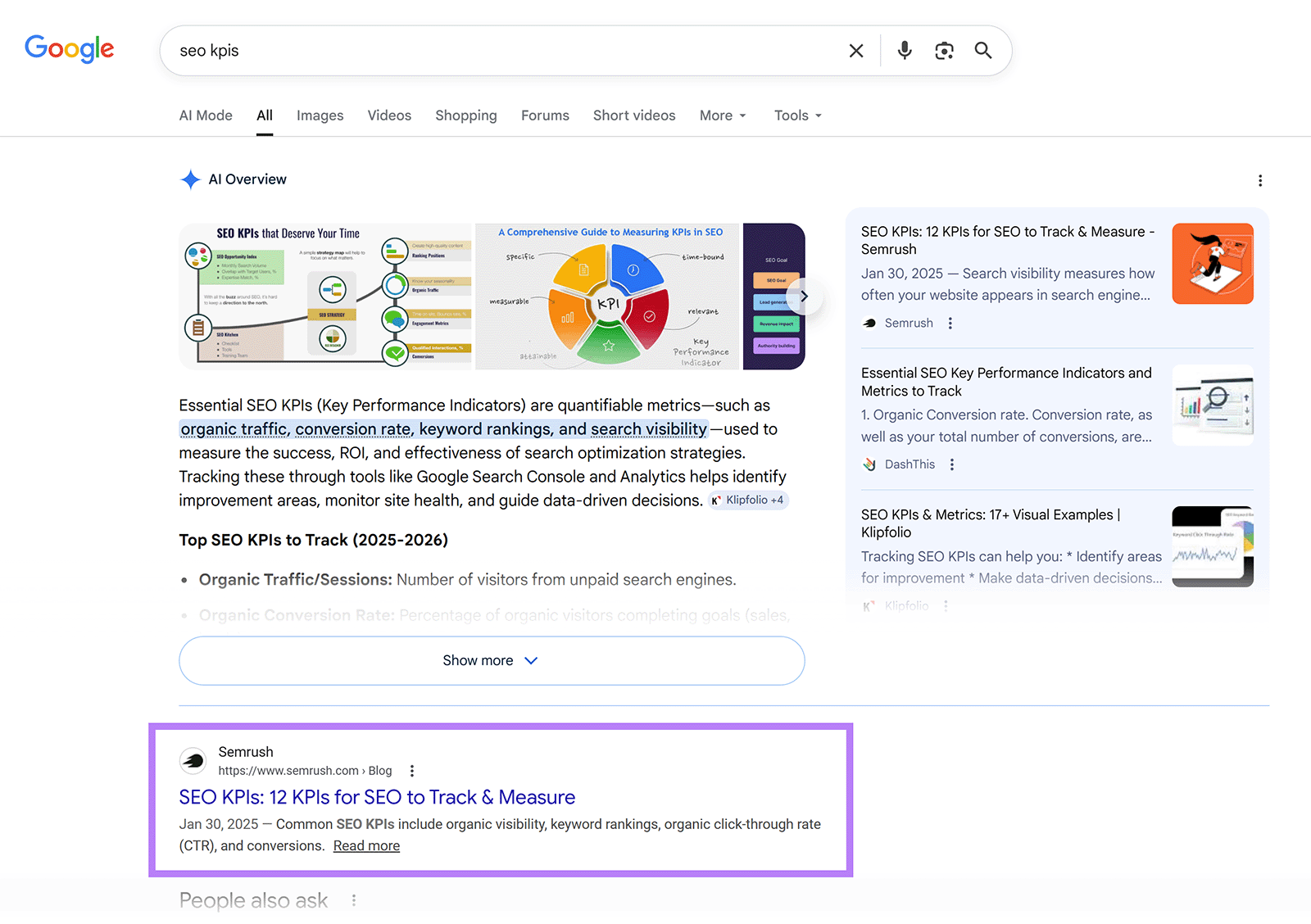 Google search results for &ldquo;seo kpis&rdquo; showing AI Overview and a Semrush article ranking at the top position