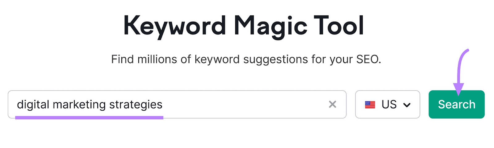 &ldquo;digital marketing strategies&rdquo; entered into Keyword Magic Tool search