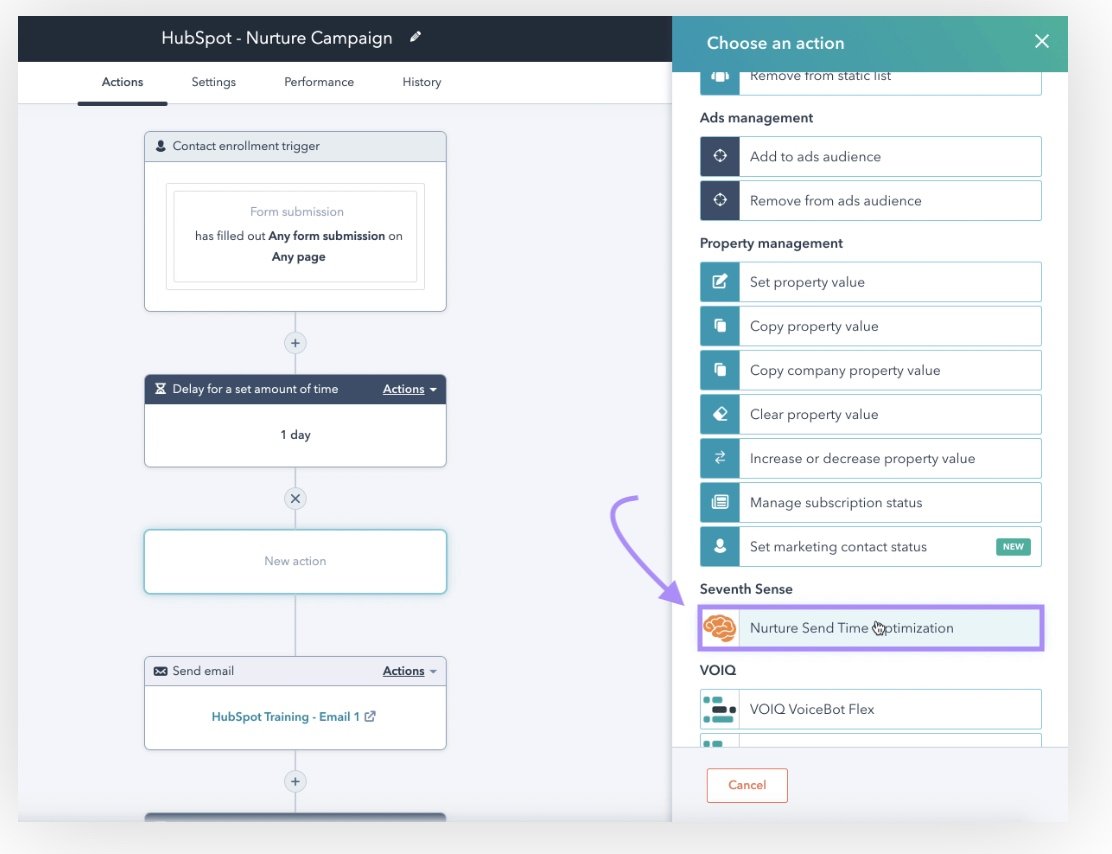 &ldquo;Nurture Send Time Optimization (STO)&rdquo; action highlighted