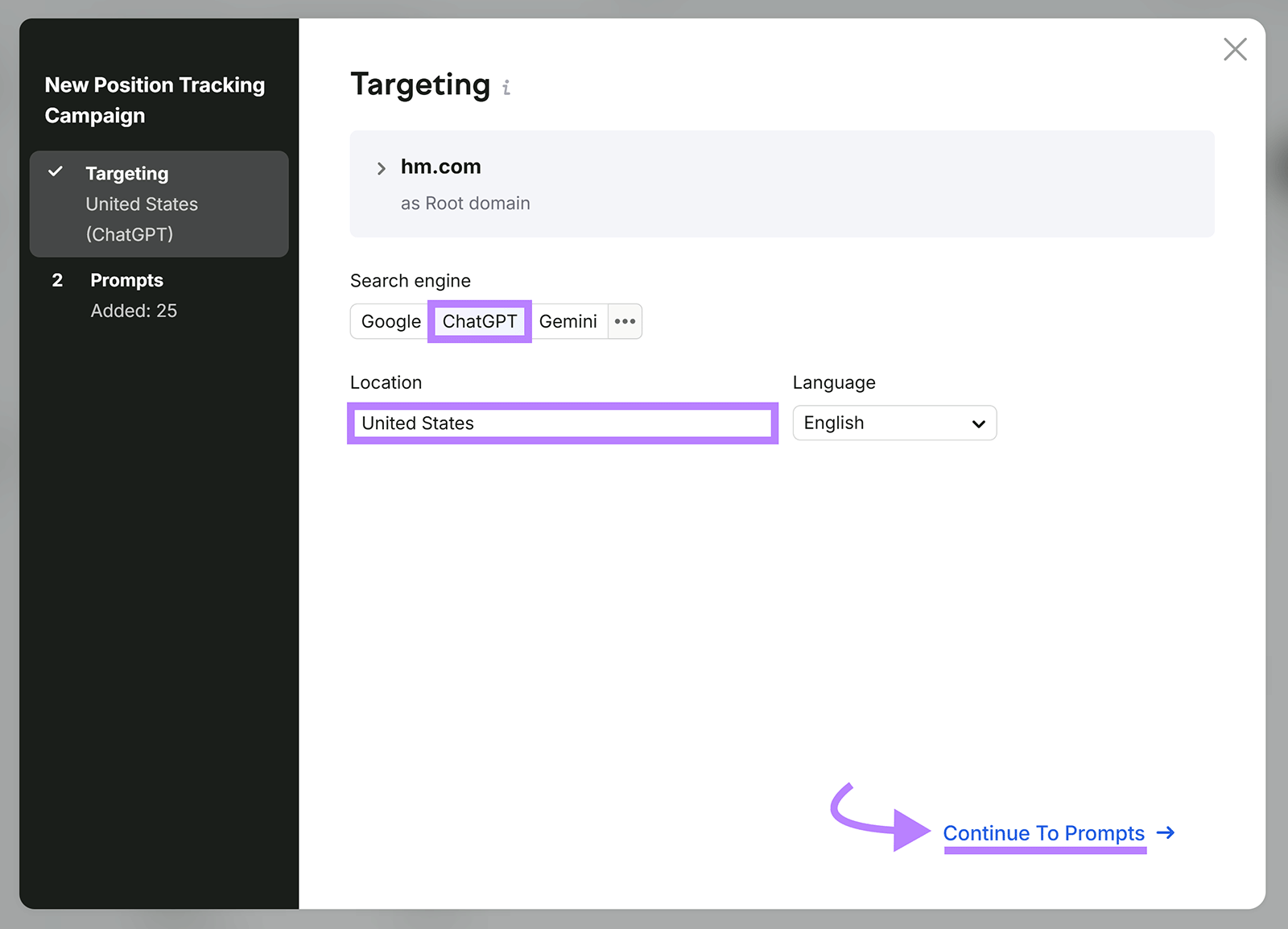 Semrush Position Tracking targeting settings with ChatGPT selected as the search engine and United States as the location