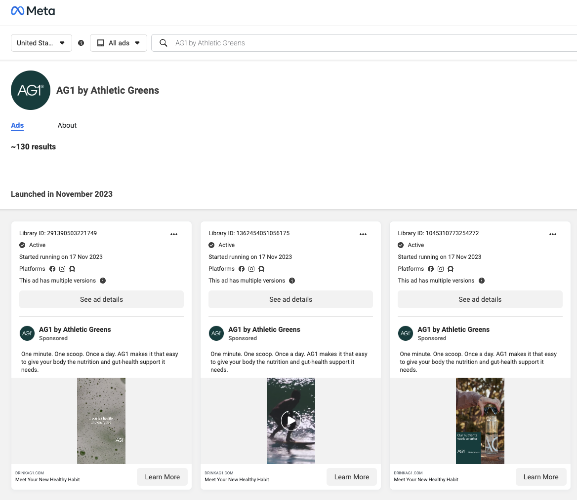 Meta&rsquo;s Ad Library results for "AG1 by Athletic Greens"