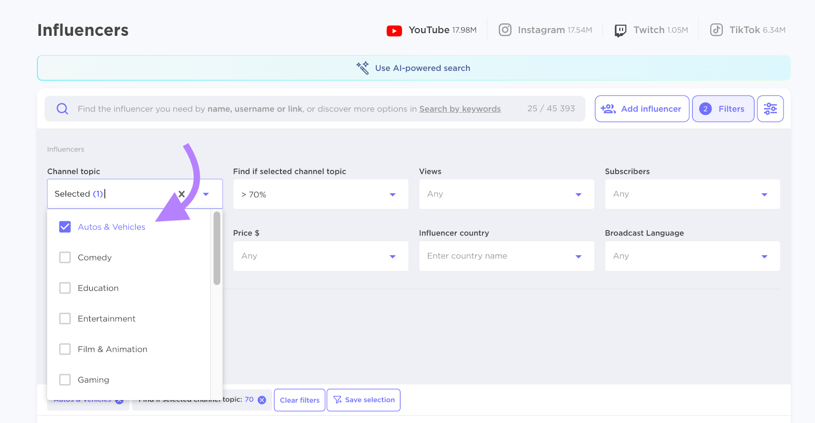 The "Autos & Vehicles" channel topic filter highlighted