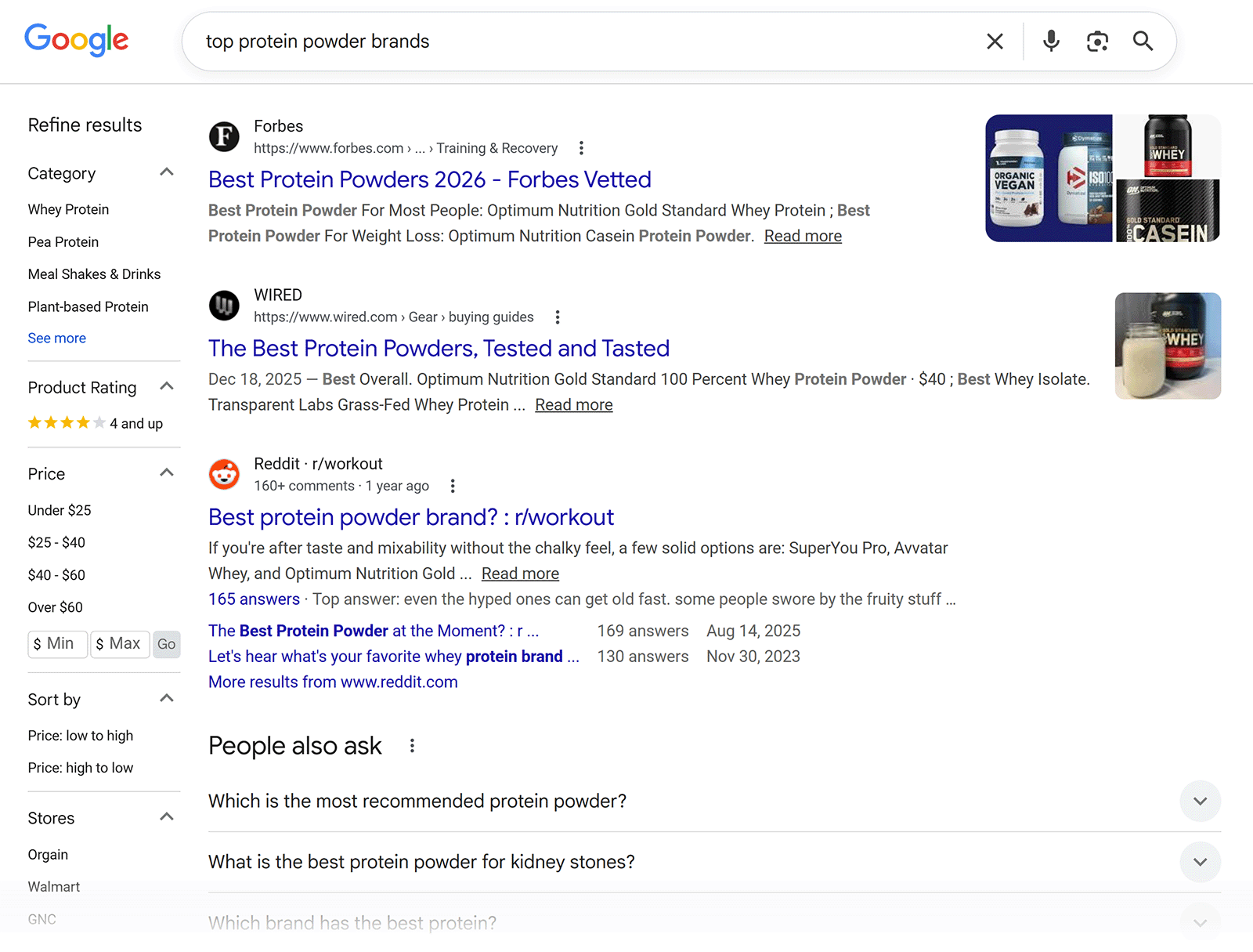 Google search results page for &ldquo;top protein powder brands&rdquo; showing articles from Forbes, WIRED, and Reddit.
