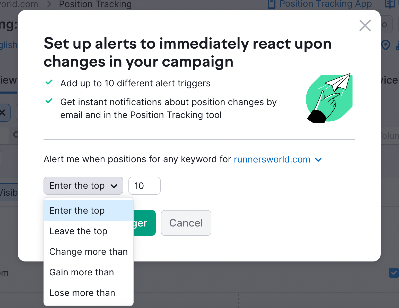 "Set up alerts to immediately react upon changes in your campaign" pop up window