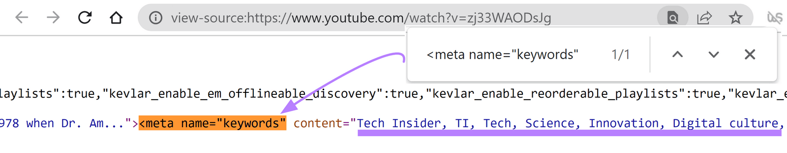 Results for <meta name=&ldquo;keywords&rdquo; search in HTML source code.