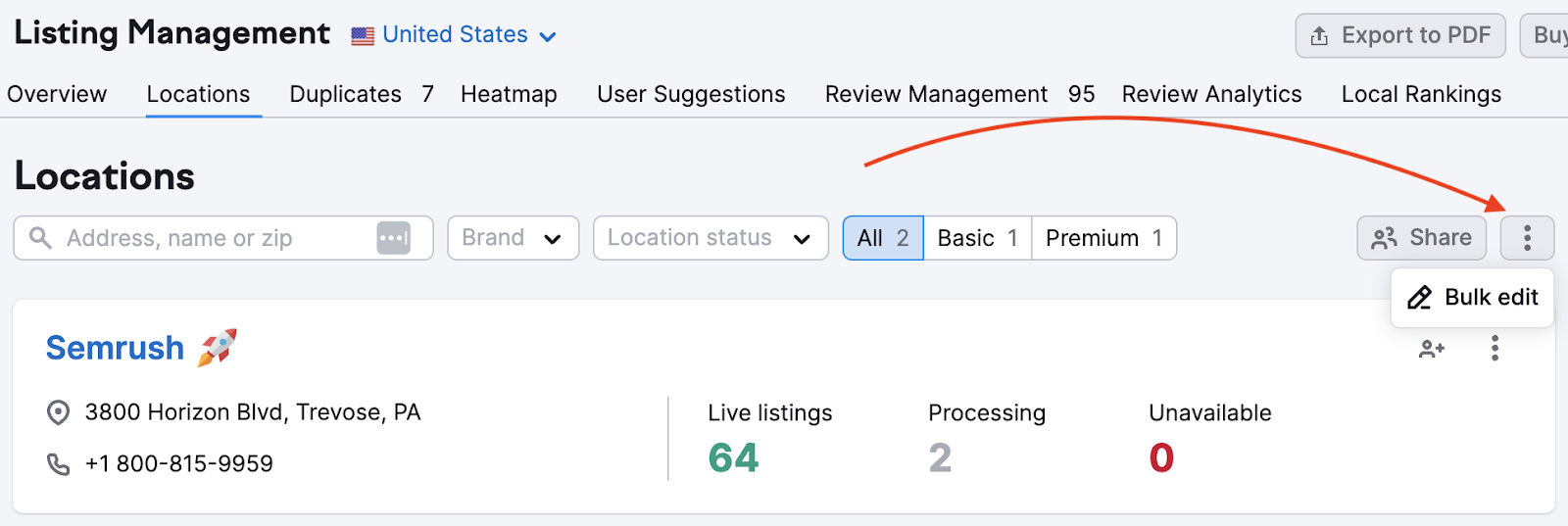 Semrush Local&rsquo;s bulk editing tool