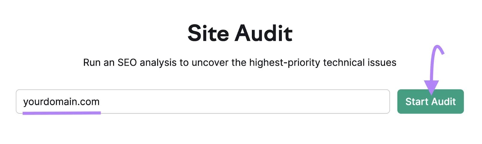 Site Audit interface with &ldquo;yourdomain.com&rdquo; entered.