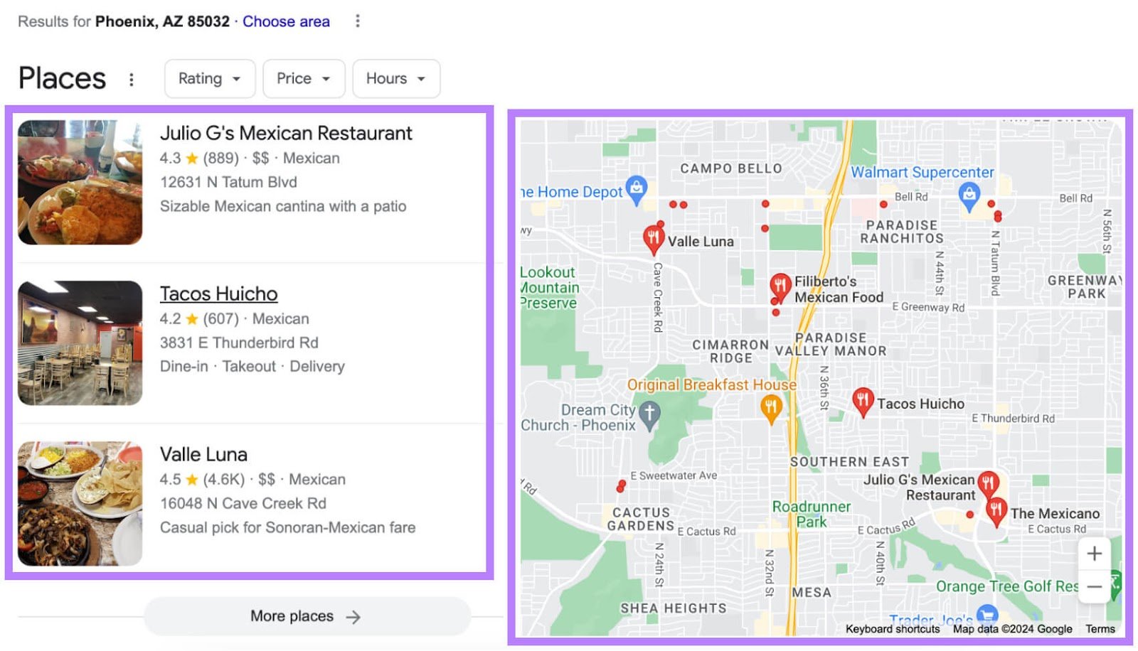 Google&rsquo;s local pack showing a map of business locations and three business listings