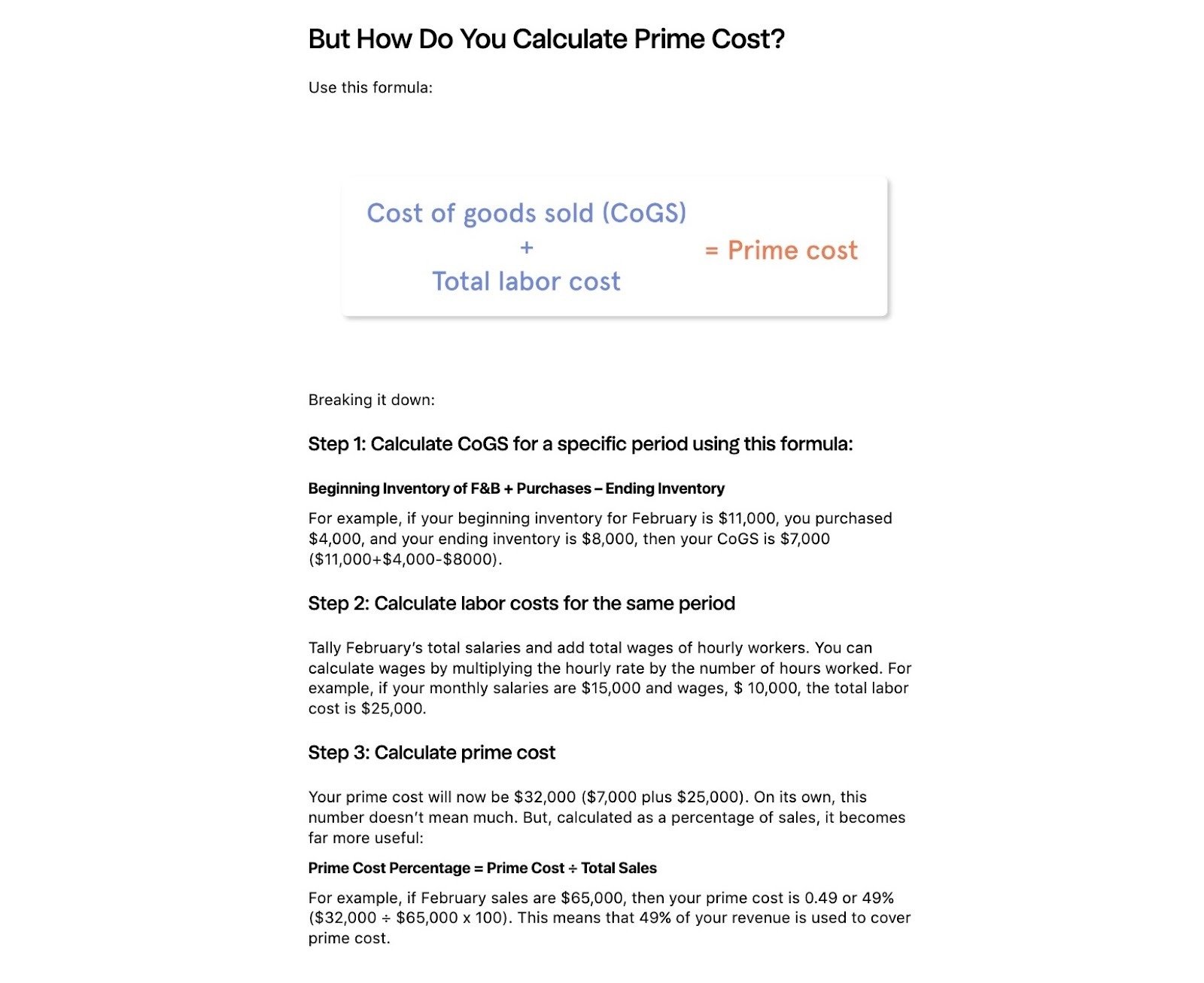 A formula and step-by-step calculation of prime cost.