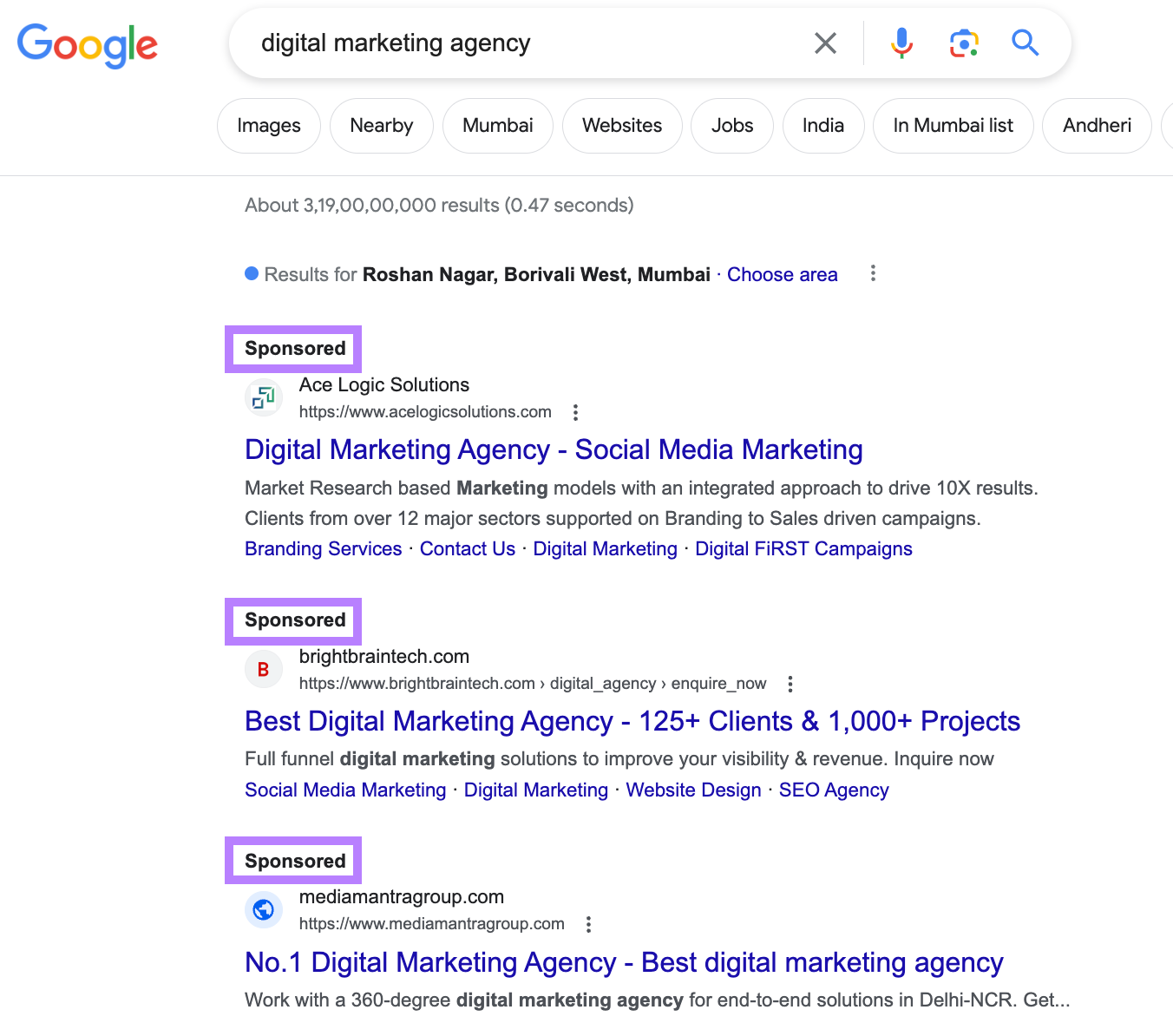Google PPC ads for "digital marketing agency" query with &ldquo;Sponsored" labels highlighted