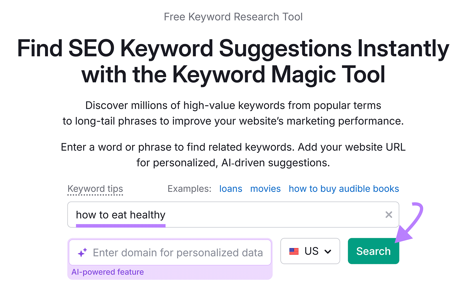 Keyword Magic Tool page with &ldquo;how to eat healthy&rdquo; typed in the search bar and an arrow pointing to the Search button