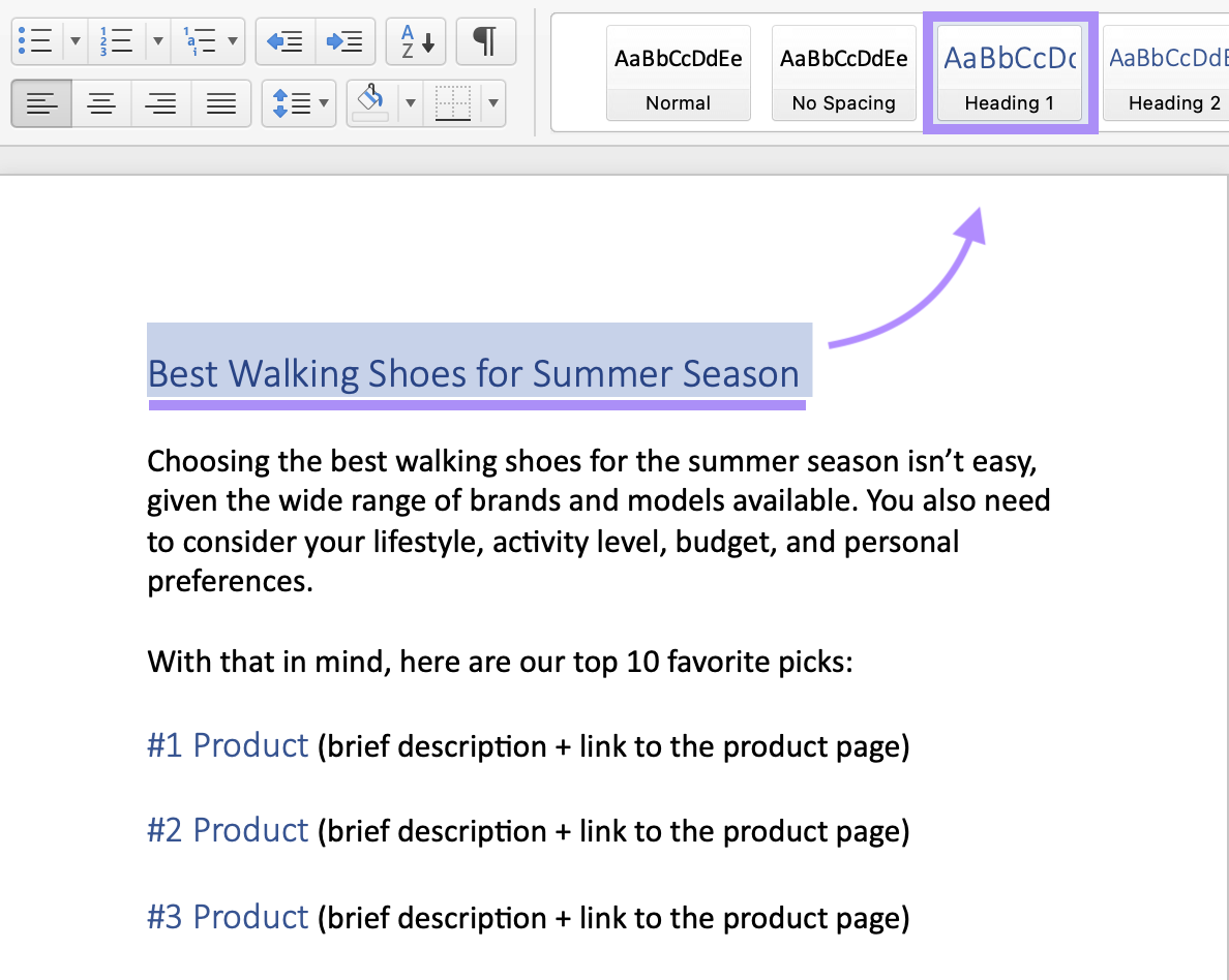 &ldquo;Heading 1&rdquo; selected in Microsoft Word for "Best Walking Shoes for Summer Season" text