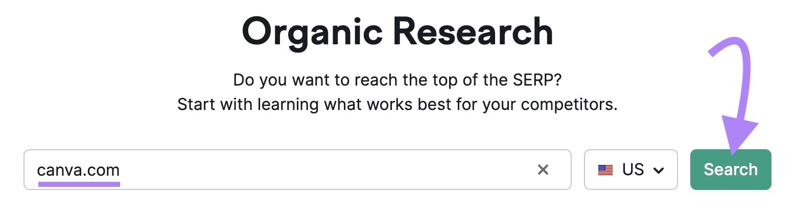 Organic Rankings tool with "canva.com&rdquo; entered as the domain.