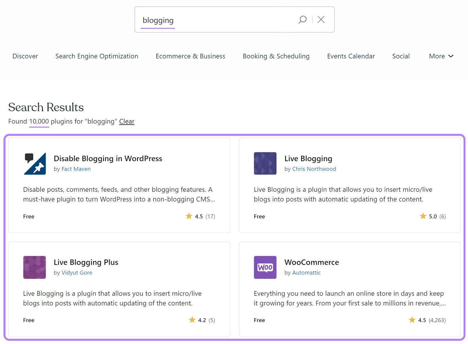 WordPress plugins showing for the "blogging" search