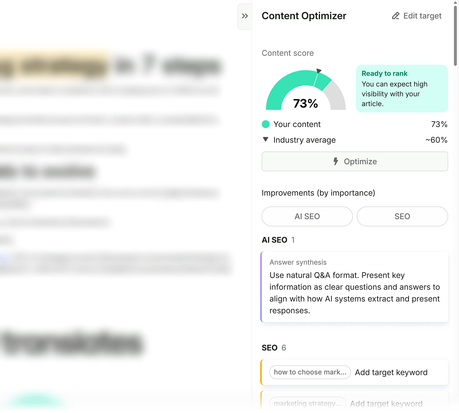 Semrush Content Optimizer showing a 73% content score with AI SEO and keyword improvement suggestions