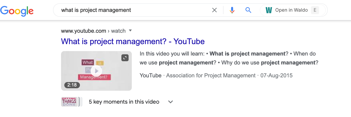 A YouTube video in Google&rsquo;s video results for "what is project management" query