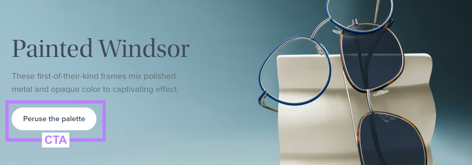 &ldquo;Peruse the palette" CTA highlighted on Warby Parker's site