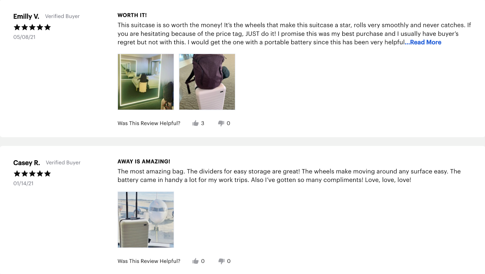 Example of product listings on Away&rsquo;s site