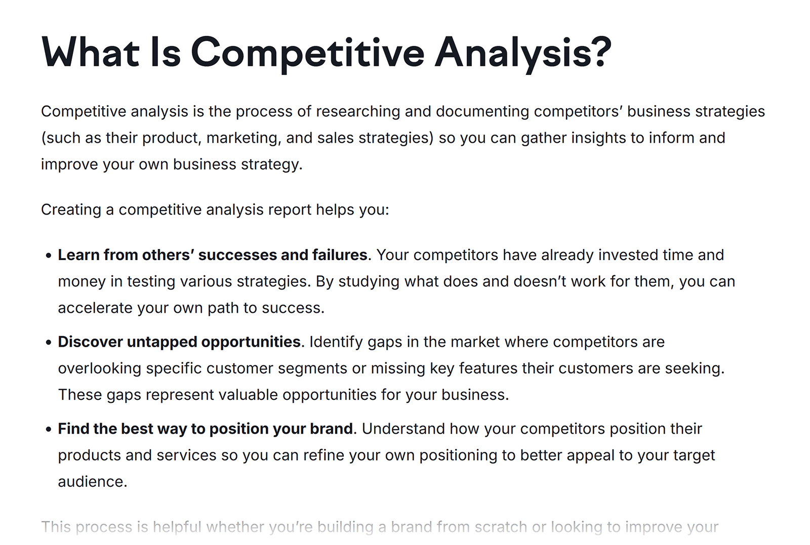 Page section titled &ldquo;What Is Competitive Analysis?&rdquo; with bulleted list of key benefits like learning from competitors.