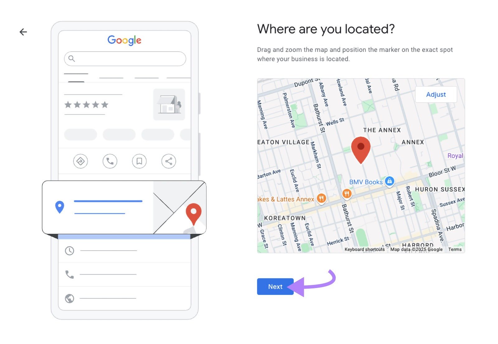 Business setup map view with a location pin and arrow pointing to &ldquo;Next&rdquo; button.