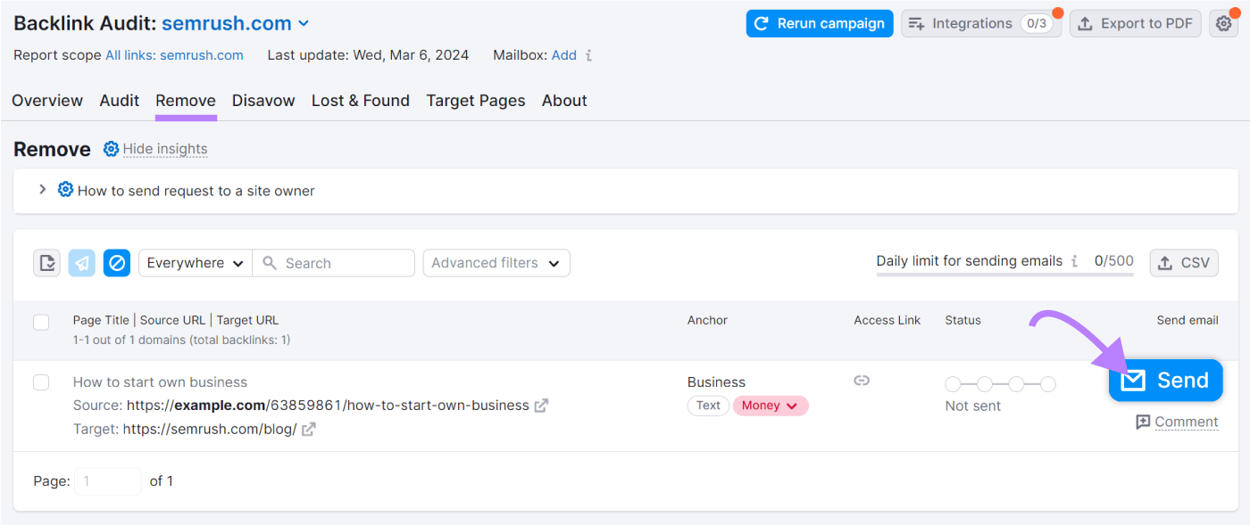 &ldquo;Send&rdquo; button next to a link under "Remove" tab in Backlink Audit tool
