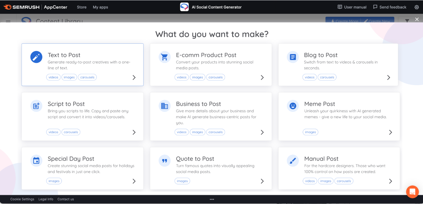 AI Social Content Generator provides several content creation options.&nbsp;