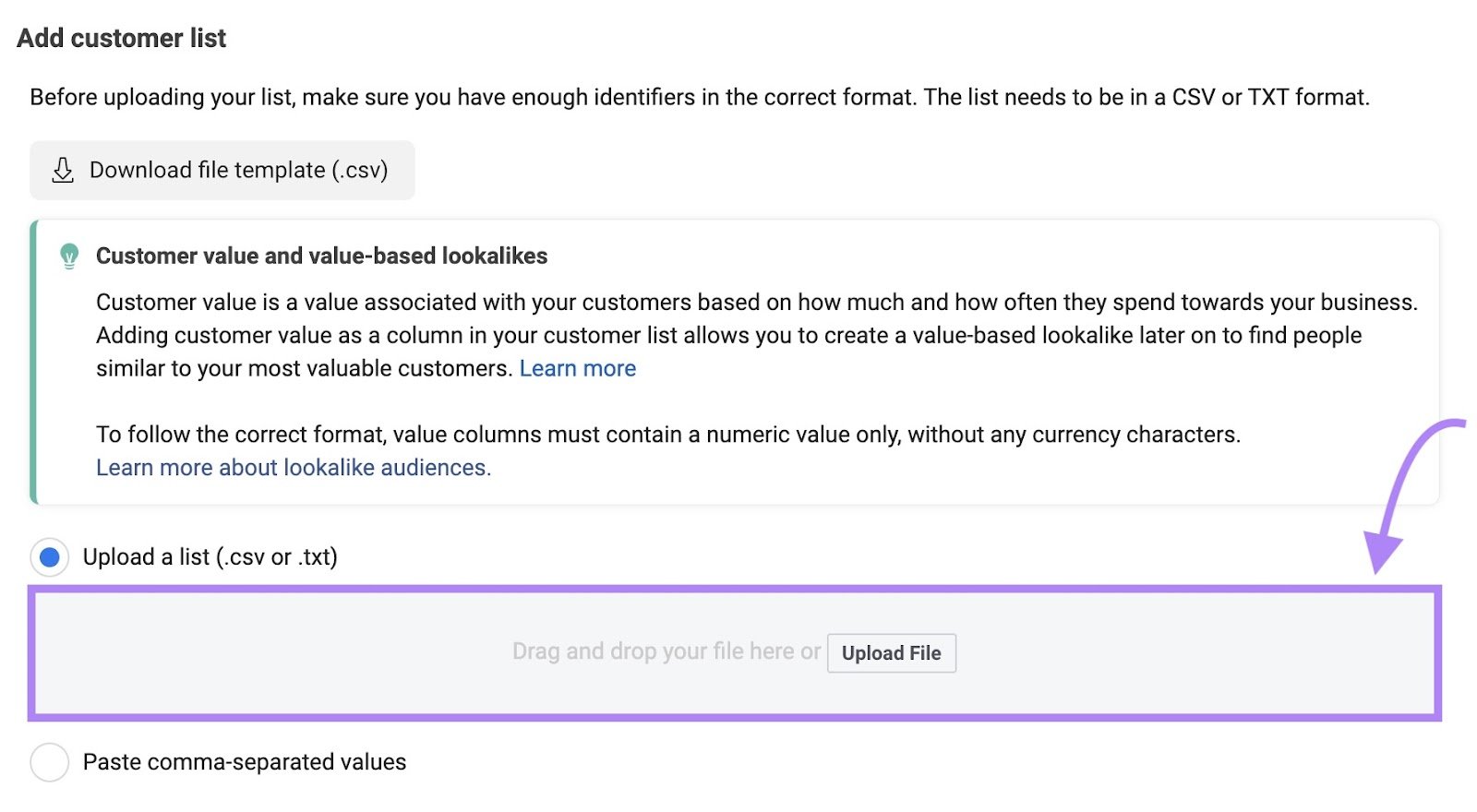 Option to upload a CSV or text file of your email list for a remarketing campaign on Meta Ads Manager.