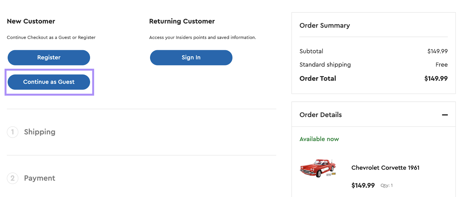 &ldquo;Continue as Guest&rdquo; button highlighted on an ecommerce site