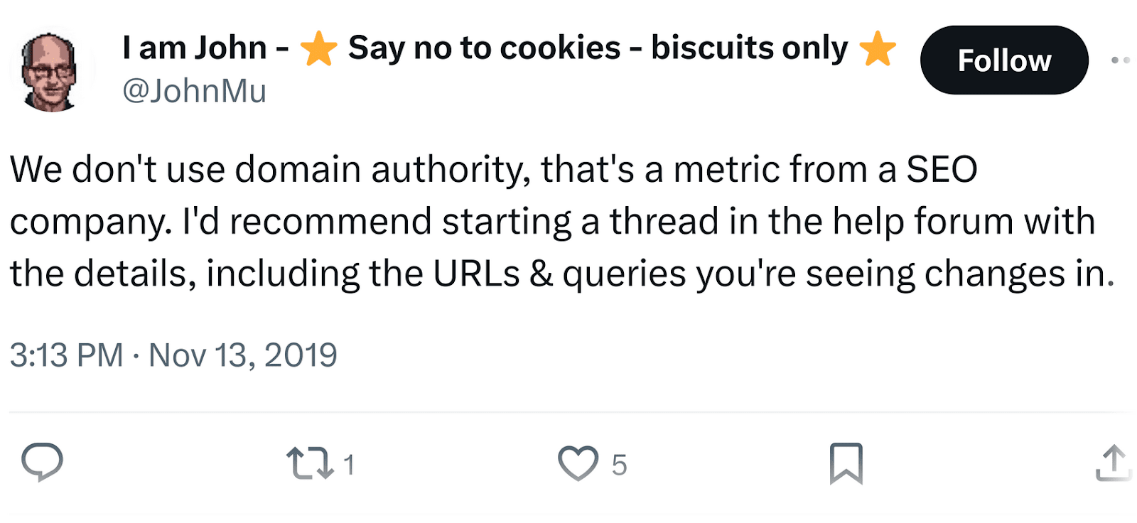 Google&rsquo;s John Mueller post on X saying that domain authority is not a ranking factor