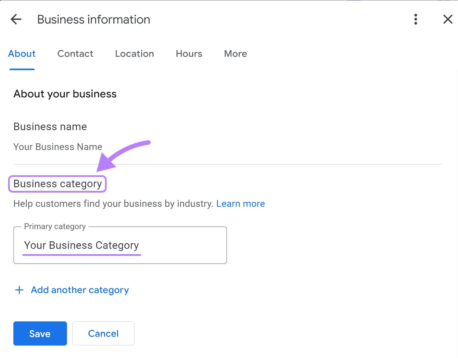&ldquo;Business category&rdquo; highlighted in GBP page