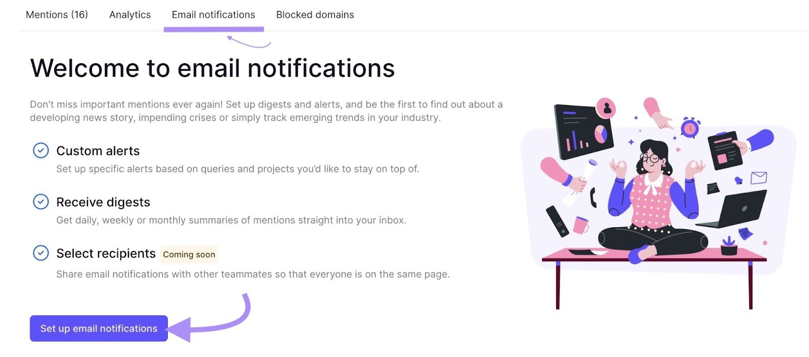&ldquo;Email notifications&rdquo; tab in Brand Monitoring app