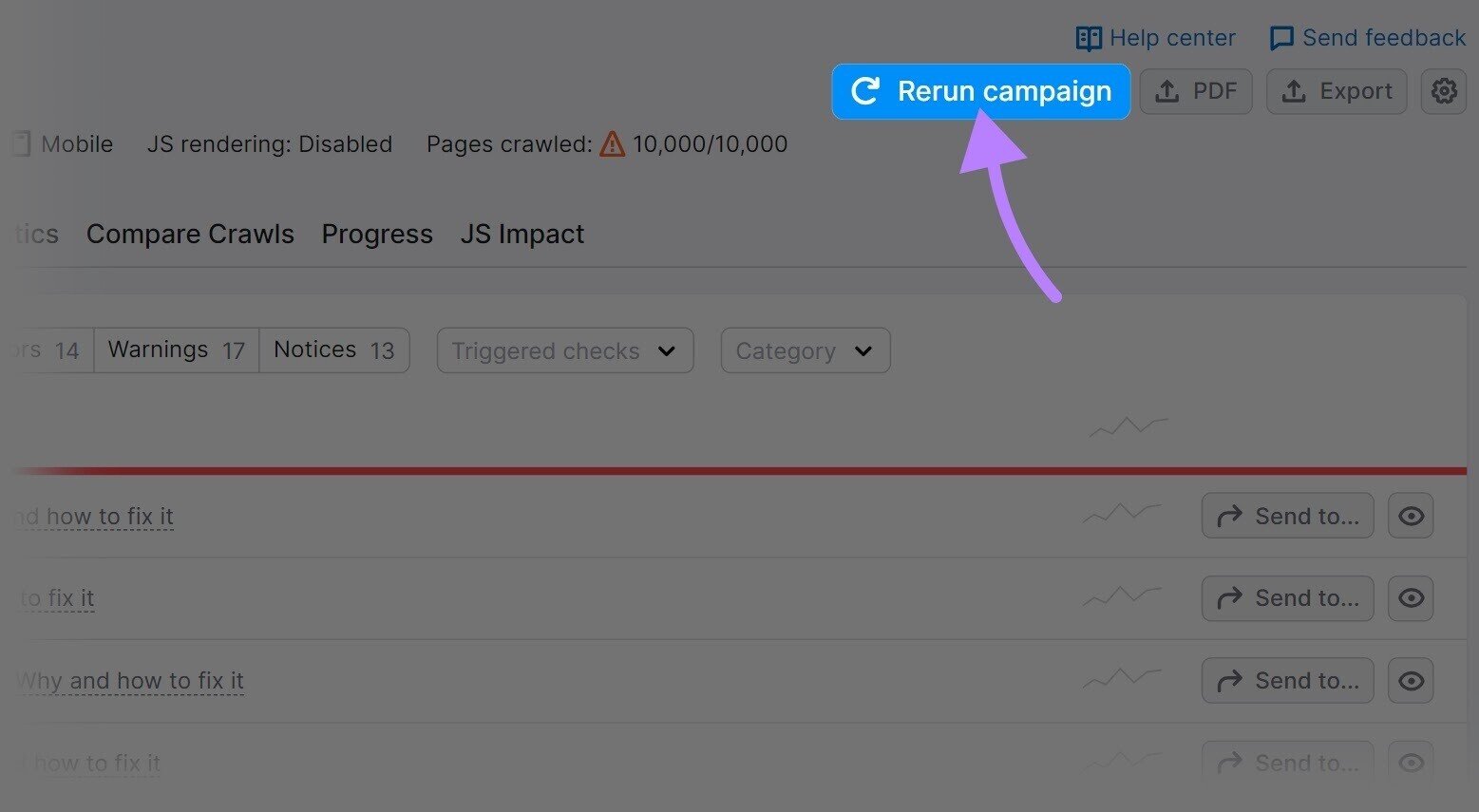 &ldquo;Re-run campaign&rdquo; button highlighted in the top right corner of the dashboard