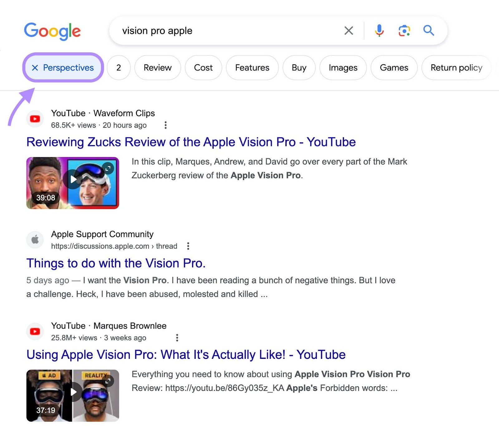 &ldquo;Perspectives&rdquo; filter on Google SERP