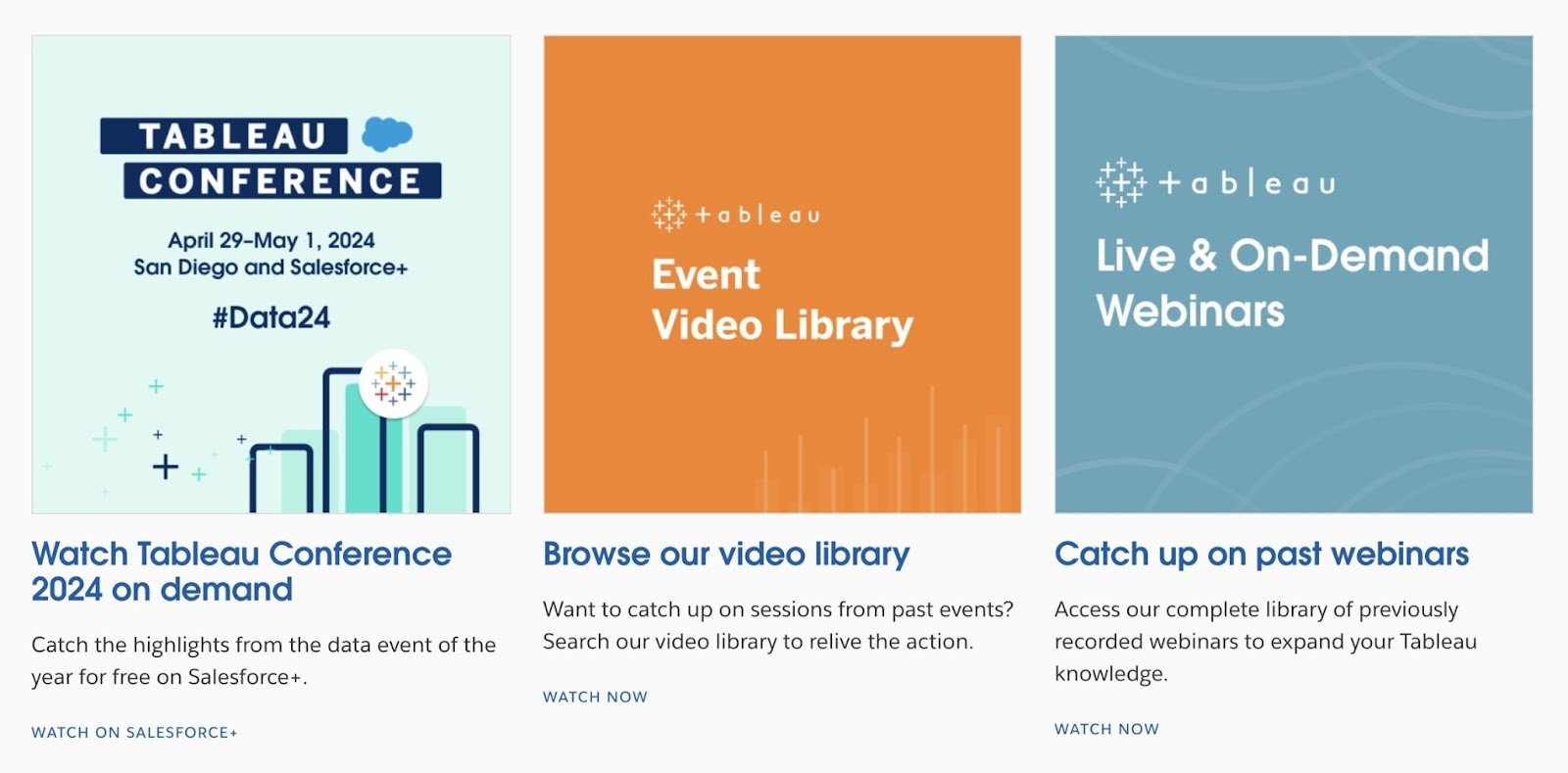 Events and conferences page on "Tableau" include links to a 2024 conference, the video library, and past webinars.