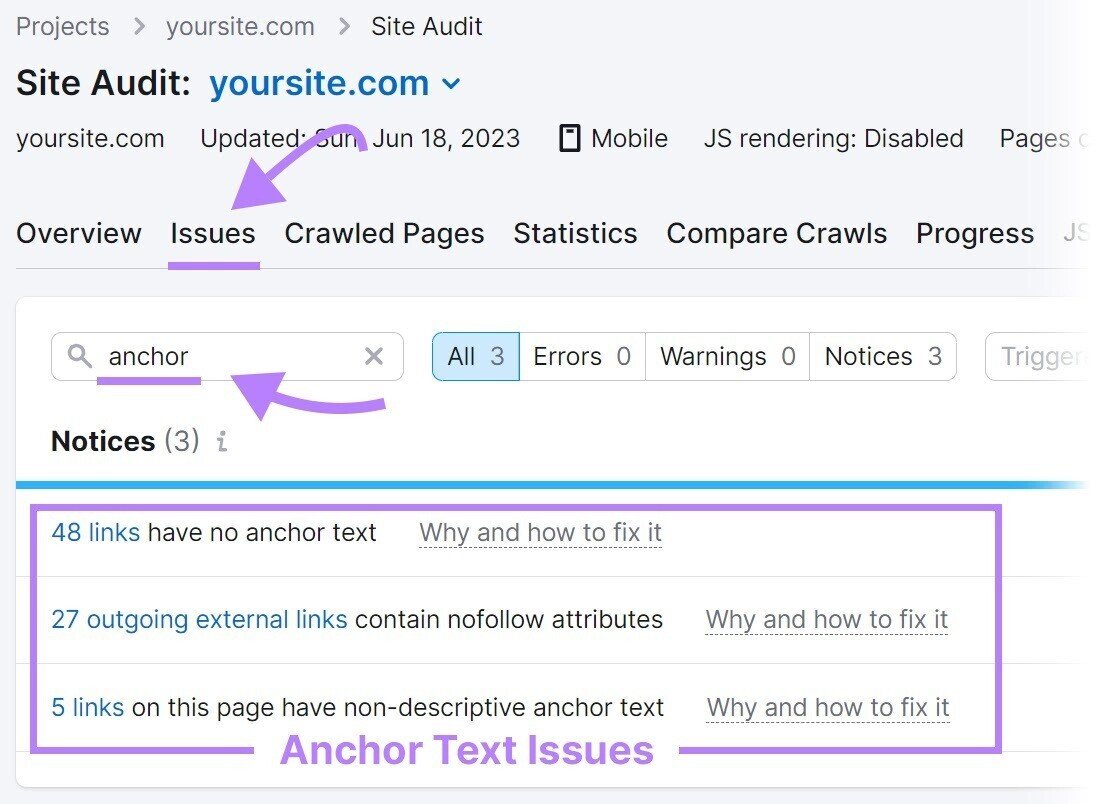 anchor text issues in &ldquo;Issues&rdquo; tab