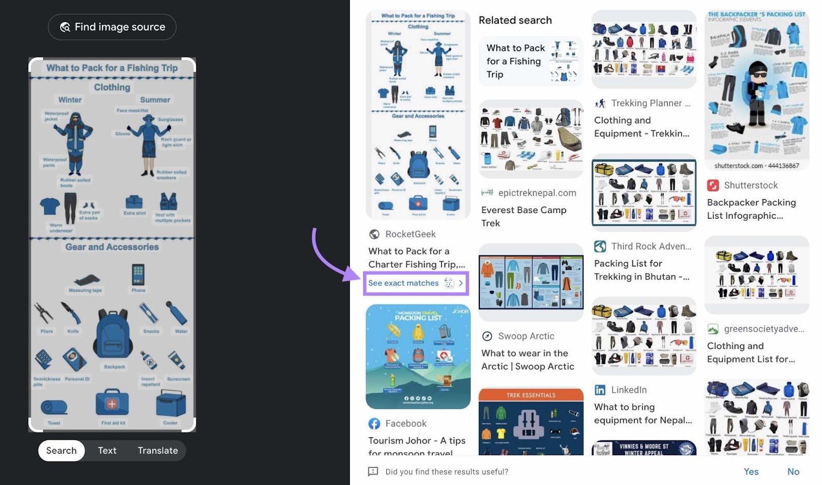 Results for a Google reverse image search with &ldquo;See exact matches&rdquo; below the first result highlighted
