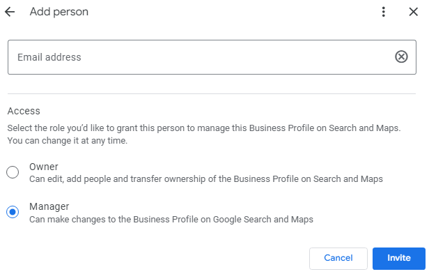 The &ldquo;People and access&rdquo; menu in the GBP dashboard