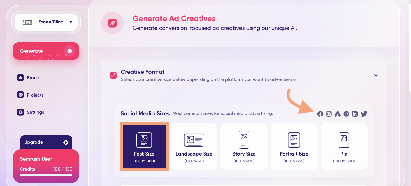 A screenshot of the size and formatting options on Ad.Creative.
