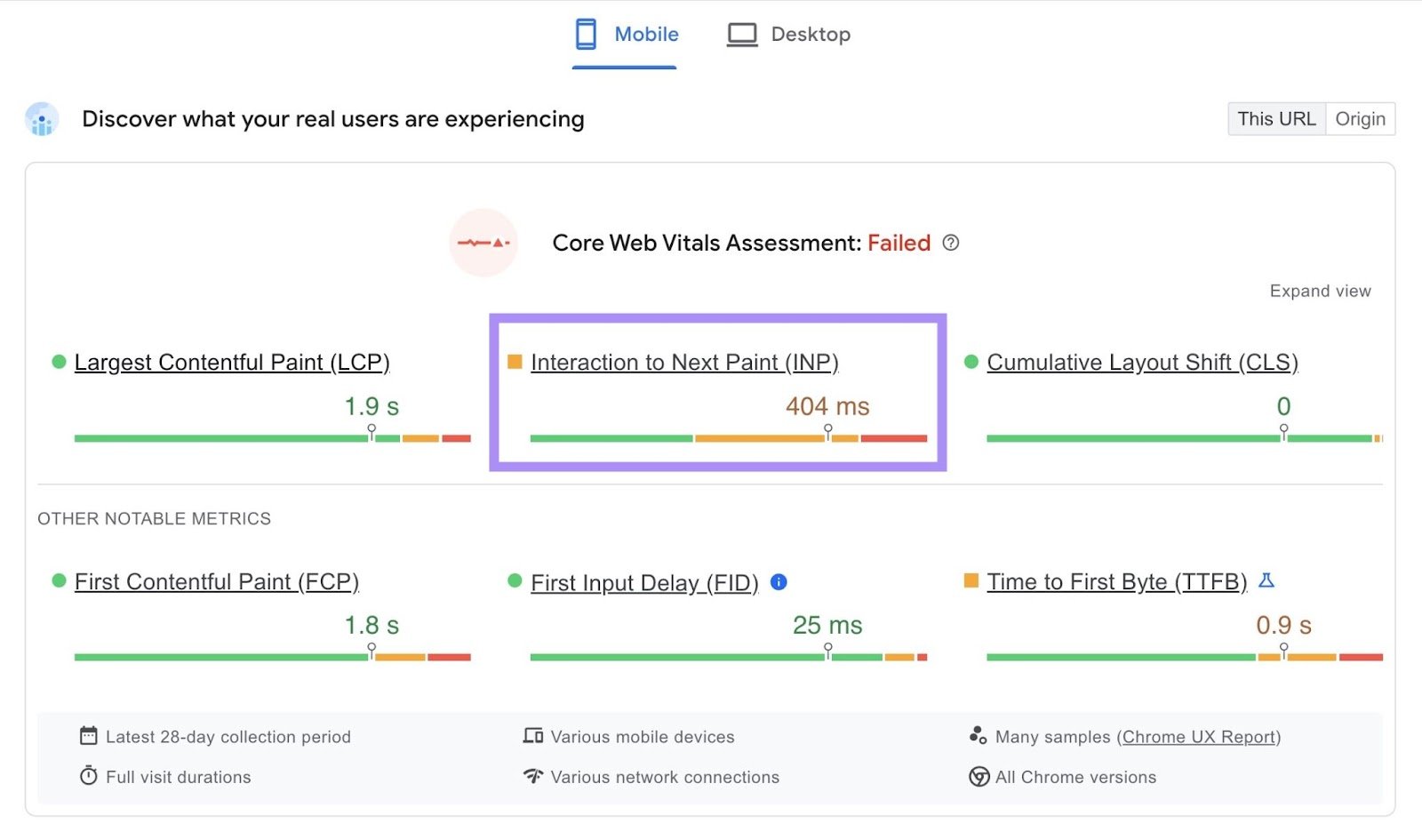 &ldquo;Core Web Vitals Assessment&rdquo; on "Pagespeed Insights" with "Interaction to Next Paint (INP)" highlighted.