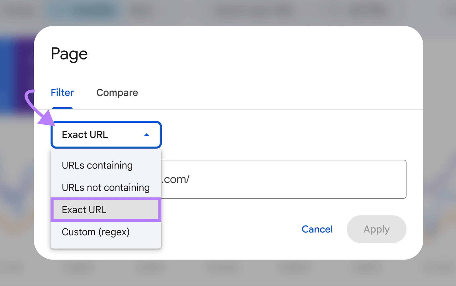 Google Search Console filter box with &ldquo;Exact URL&rdquo; option selected and an arrow pointing to the dropdown