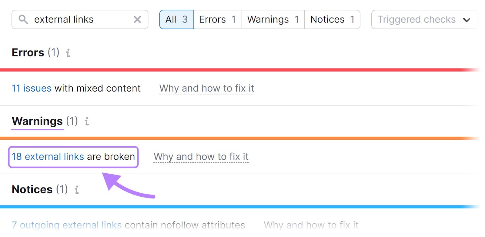 "18 external links are broken&rdquo; message in the &ldquo;Warnings&rdquo; section