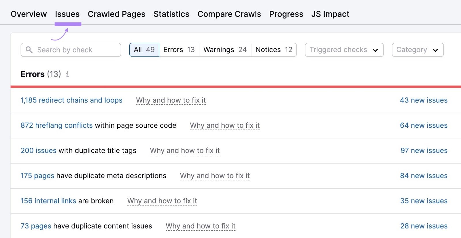 "Issues" tab on Site Audit showing a list of website issues like redirect chains and loops, hreflang conflicts, etc.