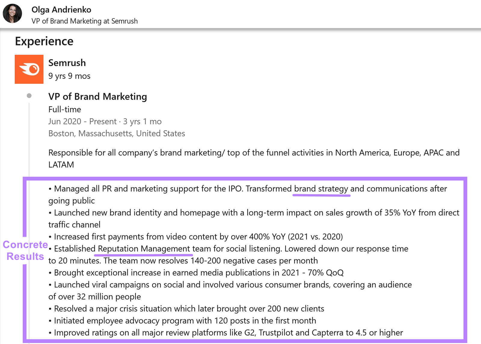 Screenshot of "Experience" section from Olga Andrienko&rsquo;s LinkedIn